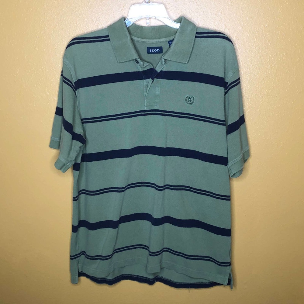 Izod Green Navy Stripe Polo Shirt, L